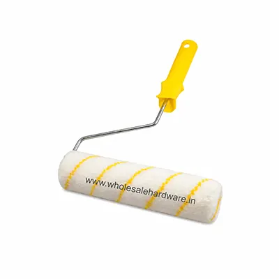 Paint roller with white roller sleeve, yellow stripes, and yellow plastic handle for wall and ceiling painting