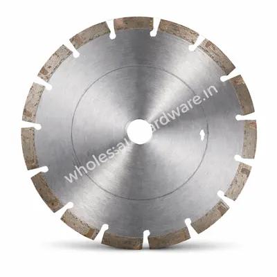 Circular diamond cutting blade with silver metal center and segmented brown cutting edges, shown flat on a white background