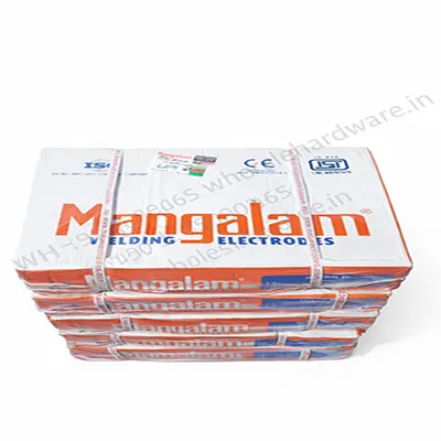 Multiple Mangalam welding electrode boxes stacked neatly on white background showing brand name, ISI marks, and orange side panels.
