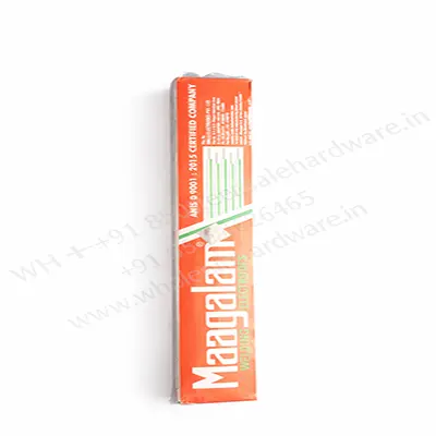 Mangalam welding electrodes orange box placed vertically on white background with green rods graphic and WholesaleHardware diagonal watermark.