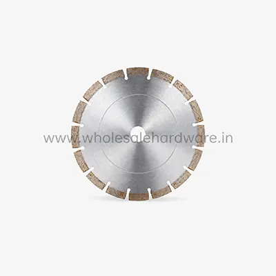 Circular diamond cutting blade with silver metal center and segmented brown cutting edges, shown flat on a white background