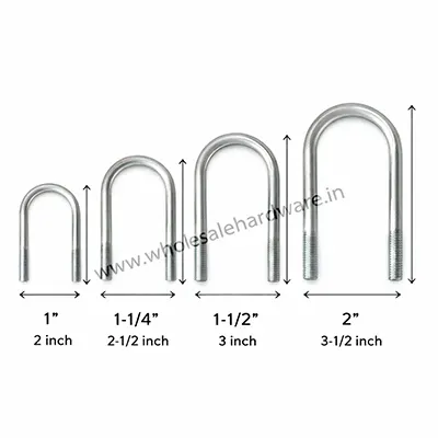 U bolts in different sizes with measurement markings, arranged on a clean white background