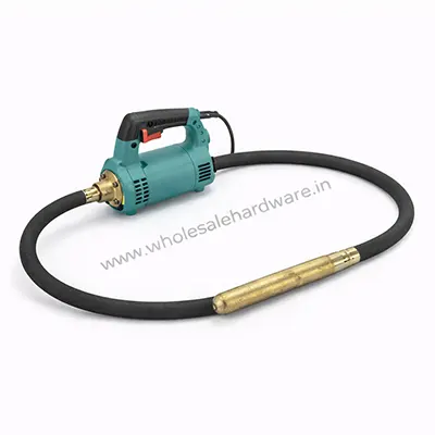 Green electric concrete vibrator machine with black flexible hose and gold metal needle for compacting wet concrete
