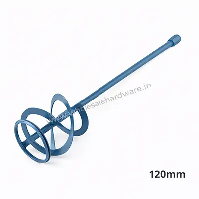 Blue steel paint mixer rod with spiral paddle and hex shank, used with electric drills for mixing paint and construction materials