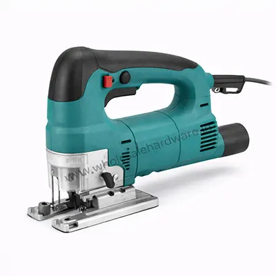 Green electric jig saw machine with black handle, metal base plate, and vertical blade for precise wood and metal cutting