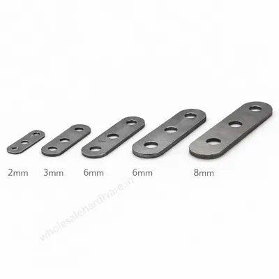 Three hole mild steel patti plates in increasing thickness, flat grey metal strips arranged left to right on a white background