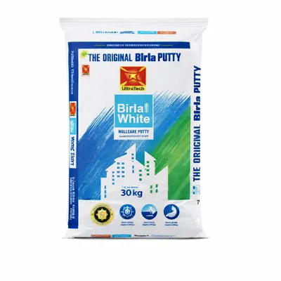 Birla White wallcare putty 30kg bag with blue and white packaging, building graphic and brand logo, shown on a white background