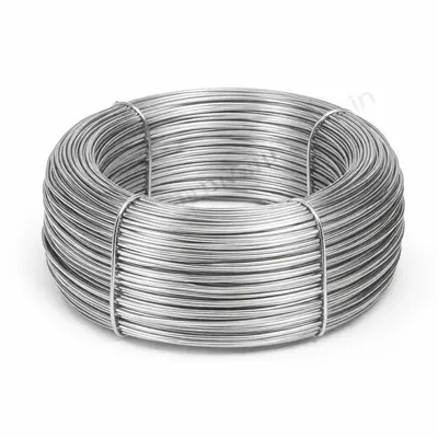 Bright steel wire coil with smooth silver finish, tightly wound into a circular roll, placed on a clean white background