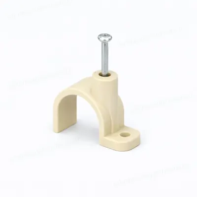 Beige CPVC nail clip with steel nail, U-shaped pipe clamp, isolated on white background for plumbing use