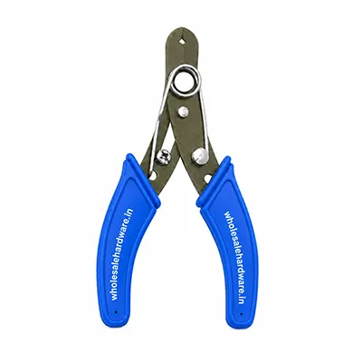 Professional wire stripper cutter with blue ergonomic handles on a metallic white background featuring a diagonal WholesaleHardware.in watermark.