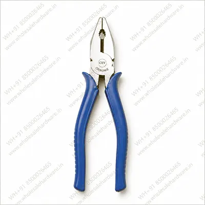 Combination plier with blue PVC grip handles and CRV chrome steel jaws on a white background for gripping, cutting and twisting wires.
