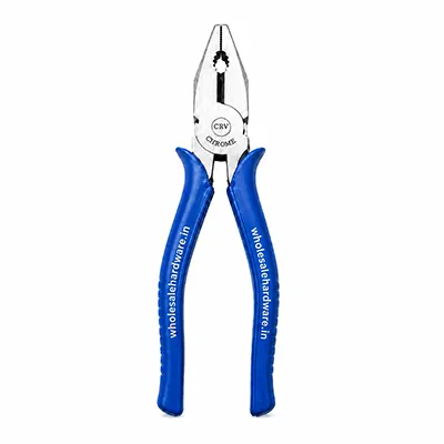 Combination plier with blue PVC grip handles and CRV chrome steel jaws on a white background for gripping, cutting and twisting wires.