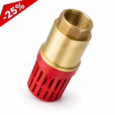 Brass foot valve with threaded top and red plastic strainer base, upright on a white background with discount tag