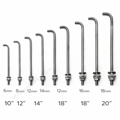 Stainless steel J bolts in multiple sizes with nuts displayed vertically on a clean white background