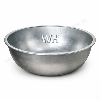 Galvanized steel bowl with round shape and silver finish, deep metal basin shown from front on a clean white background