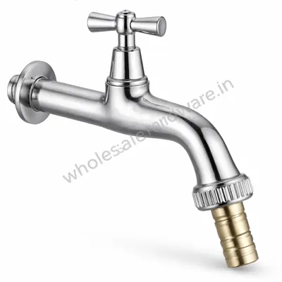 Chrome bib cock water tap with cross handle, curved spout and brass hose connector outlet, wall-mounted, shown on a white background