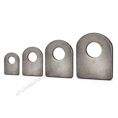 MS hole billa plates with rounded tops and single center holes in increasing sizes, grey mild steel on a white background