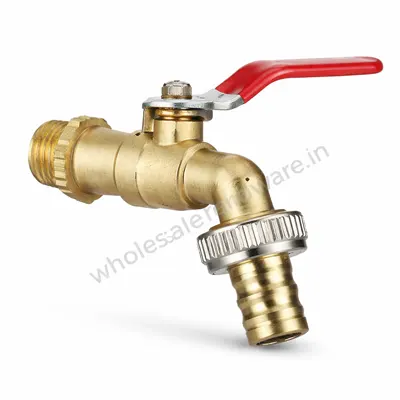 Brass nozzle tap with red lever handle and angled hose outlet, shown alone on a clean white background
