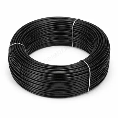 Black PVC coated wire tightly wound into a circular coil, smooth plastic-coated metal strands, placed on a clean white background