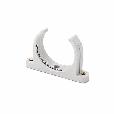 White PVC pipe clamp saddle with curved holder and two brass screw inserts, used for wall mounting pipes on a white background