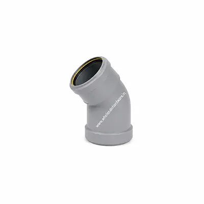 Grey PVC plumbing elbow pipe with angled bend, smooth surface, rubber ring joint, shown isolated on a white background.