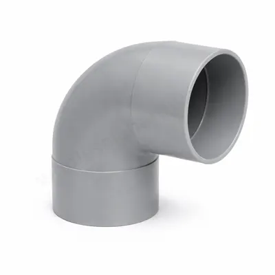 Grey SWR PVC plain elbow pipe fitting with smooth curved 90 degree bend and open ends, shown on a clean white background