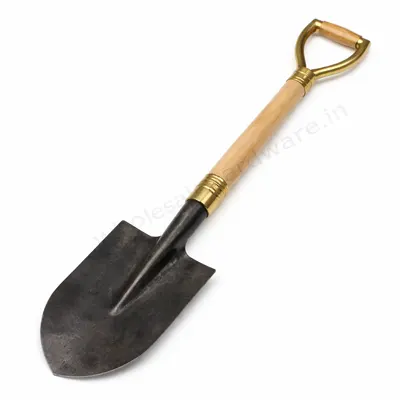 Shovel with black steel digging blade, light wooden handle and golden D-grip, placed diagonally on a clean white background
