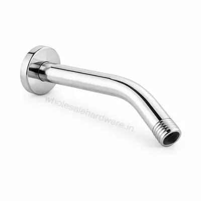 Chrome-plated metal shower arm with curved pipe design, wall-mount round base and threaded outlet, shown on a white background