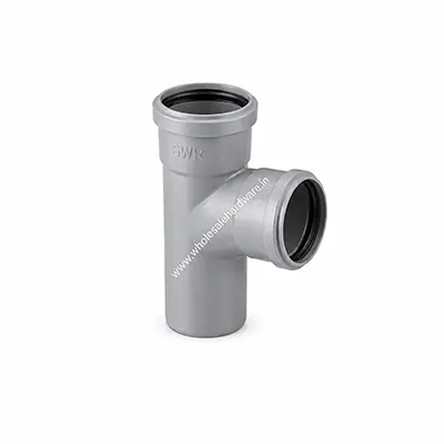 Grey SWR PVC tee fitting with one side branch and gasketed sockets, smooth cylindrical body, shown upright on a white background