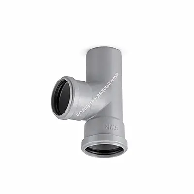 Grey SWR PVC tee fitting with one side branch and gasketed sockets, smooth cylindrical body, shown upright on a white background