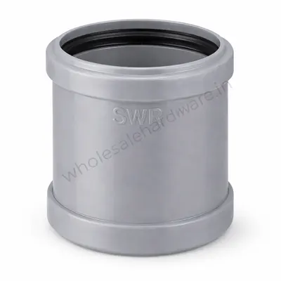 Grey SWR PVC pipe coupler with cylindrical shape and rubber gasket inside, used to join two pipes, shown on a white background