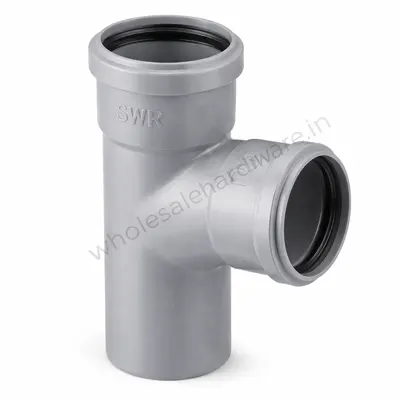 Grey SWR PVC tee fitting with one side branch and gasketed sockets, smooth cylindrical body, shown upright on a white background
