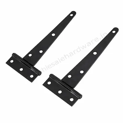 Black powder-coated steel T-hinges with multiple screw holes, placed on a white background for door and gate use