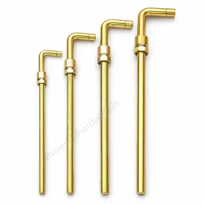 Galvanized tower bolts with L-shaped heads and long round rods, golden metal finish, arranged vertically on a white background