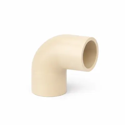 Cream-colored CPVC 90 degree elbow pipe fitting with smooth surface and round openings, shown alone on a plain white background