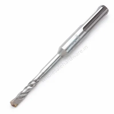Silver SDS masonry drill bit with spiral cutting tip and slotted shank, placed diagonally on a clean white background