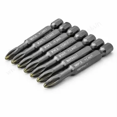 SPH2 power screwdriver bits made of steel arranged on white background for driving Phillips screws with drills.