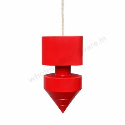 Red plumb bob with pointed cone shape and hanging string, used for vertical alignment, shown on a clean white background