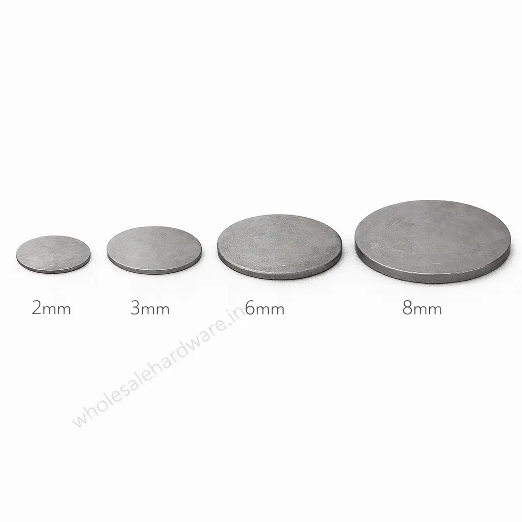 Mild steel round dummy discs in 2mm, 3mm, 6mm and 8mm thickness arranged on a clean white background