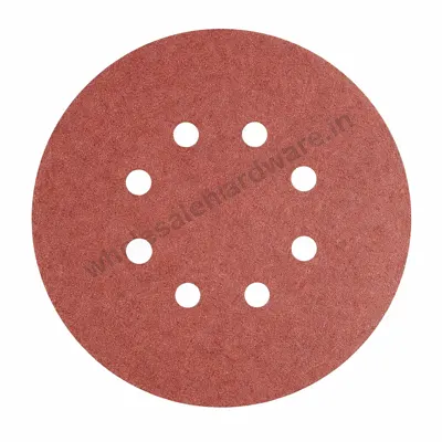 Round brown sanding disc with evenly spaced dust extraction holes, abrasive surface, shown flat on a clean white background
