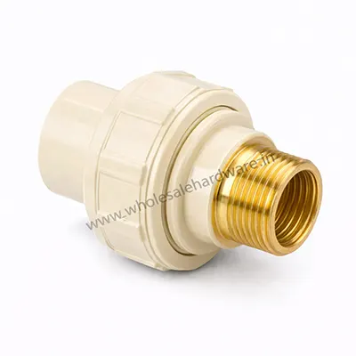 CPVC Union MABT fitting with cream plastic body and external brass threaded end, placed on a clean white background.
