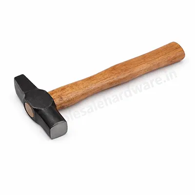 Cross pein hammer with smooth wooden handle and black steel head placed diagonally on clean white background.