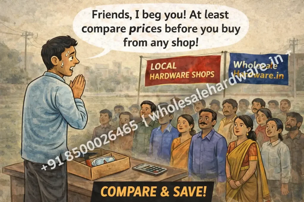 Cartoon of man asking crowd to compare prices, tools on table, banners for local shops and WholesaleHardware.in on beige background.