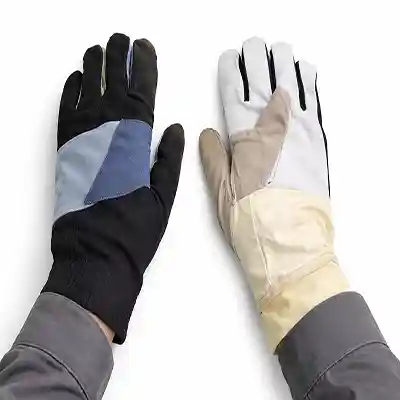 Multicolor leather welding gloves with long cuffs and reinforced fingers, ideal for industrial heat protection.