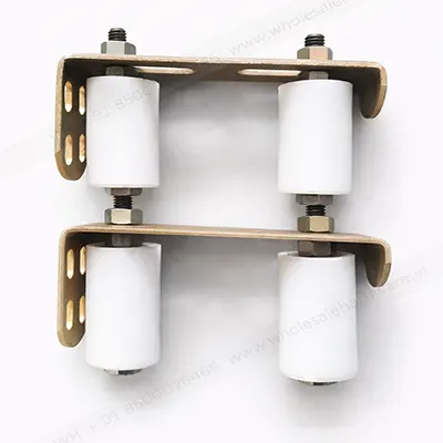 Double nylon sliding gate roller with steel brackets on white background showing adjustable mounting holes