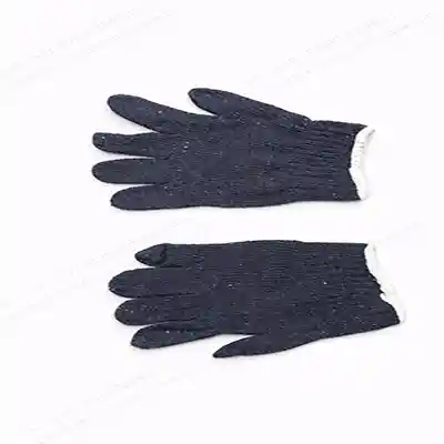 Navy blue cotton wollen safety gloves with elastic cuffs displayed on white background for industrial hand protection.
