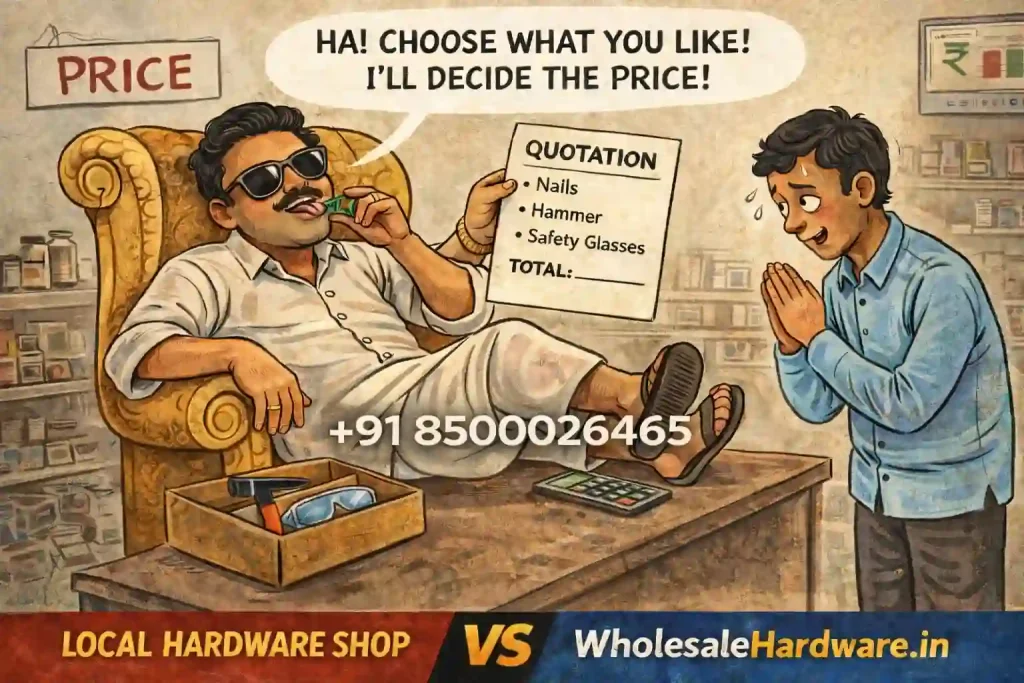 Cartoon showing local hardware shop owner quoting price while buyer waits, compared with WholesaleHardware.in on beige background.