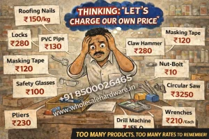 Cartoon man holding head in hardware shop, surrounded by tools and price tags, showing confusion over many product rates on beige background.