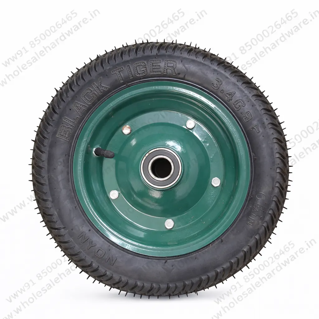 3.50×8 wheelbarrow tyre with green steel rim and bearing on white background