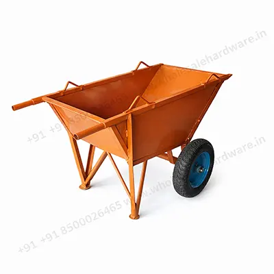 Heavy-duty orange wheelbarrow with steel body and single pneumatic wheel on white background